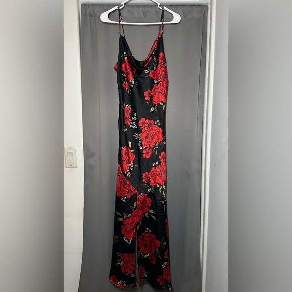 Lulus Romantic Black Floral Print Satin Cowl Neck Wedding Guest Maxi Dress M - Picture 2 of 16